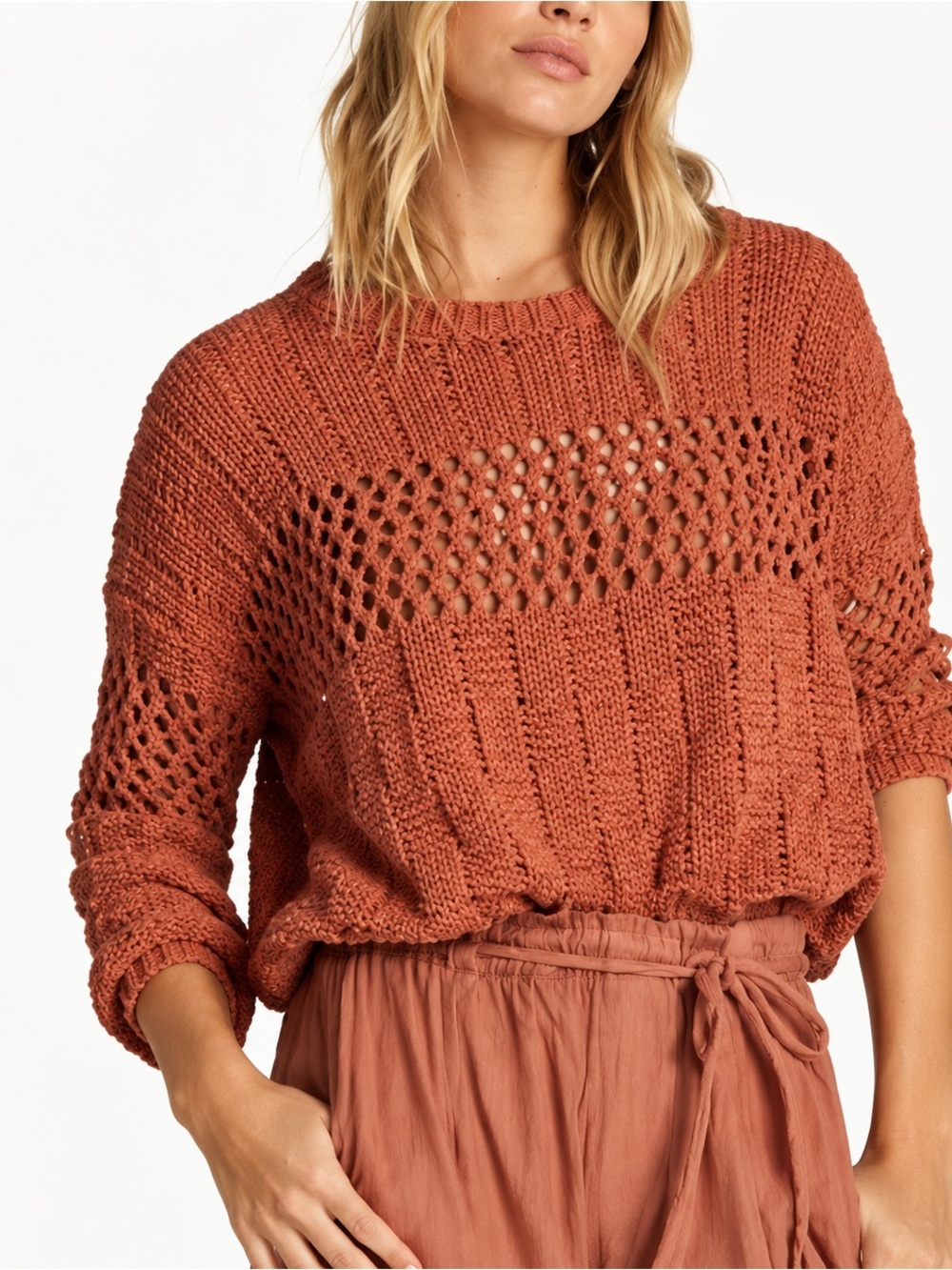 Billabong Rust Open-Weave Crewneck Sweater knit ballon sleeve large